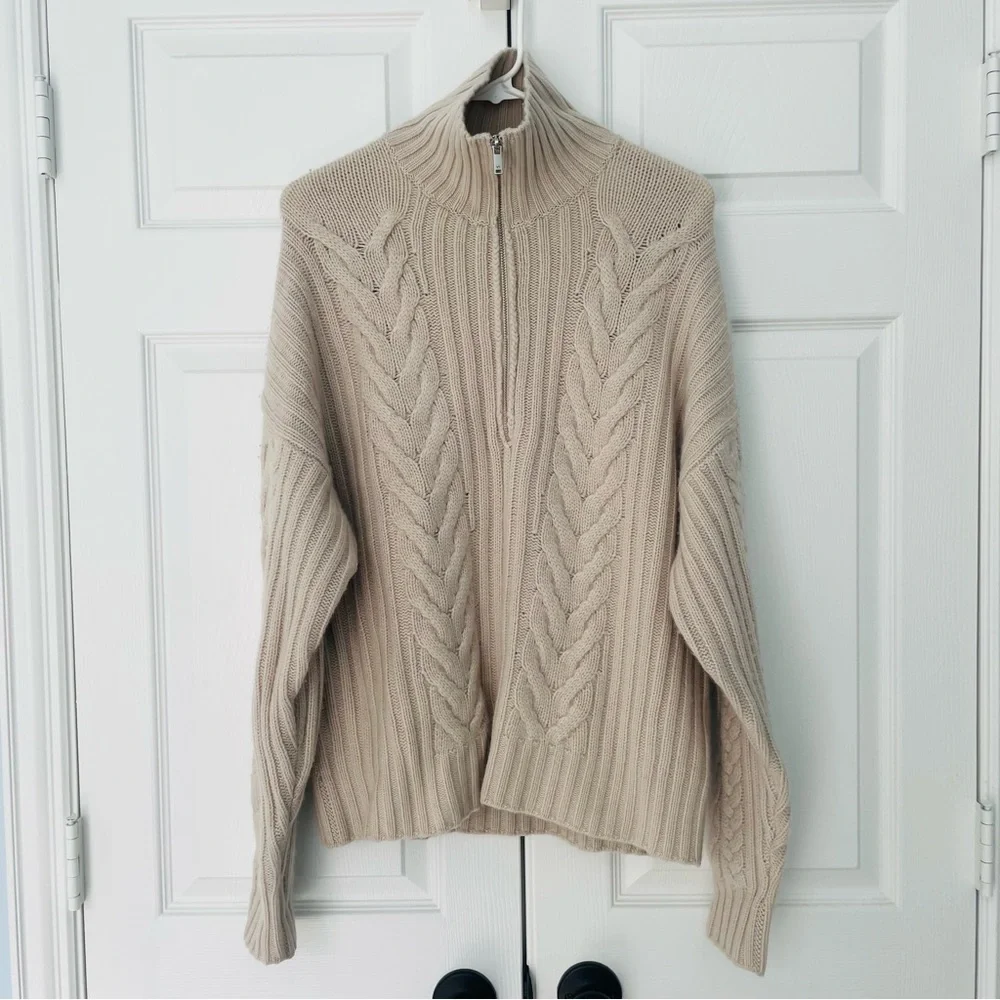 SOLD NAADAM Wool-Cashmere Open-Back Cable Quarter-Zip Taupe Linen Sweater NEW - Picture 5 of 10